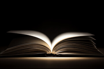 Open book illuminated against a dark background, with pages fanned out and casting soft shadows, evoking knowledge, mystery, and the beauty of reading