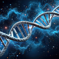 Intricate DNA Helix Against a Cosmic Nebula Backdrop Exploring the Depths of Genetic Code and the Universe's Mysteries Unveiling Life's Blueprint in Space