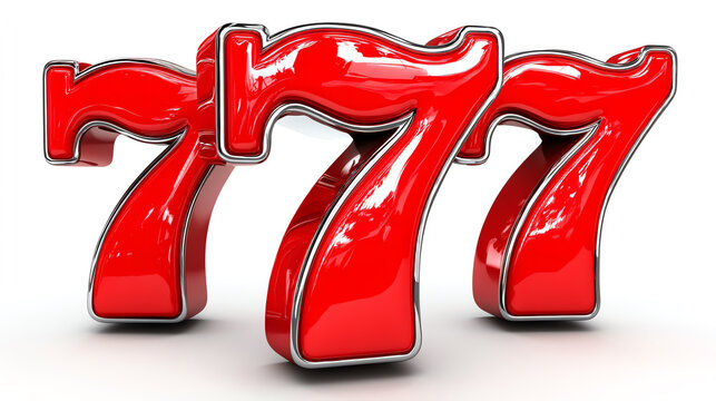 Three shiny red number sevens with chrome edges, arranged in a row on a white reflective surface symbolizing luck and winning