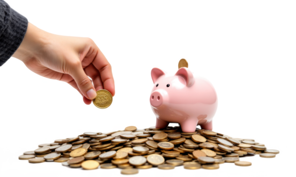 Hand Depositing Coin into Pink Piggy Bank on Coin Pile