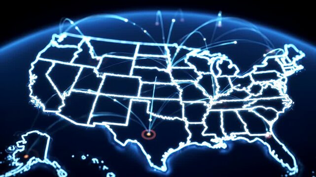 United States map with network lines representing global communication, technology, and data transfer