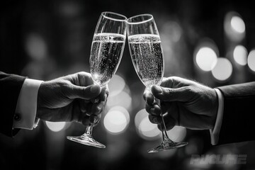 Stylish black and white champagne toast at a luxury event.