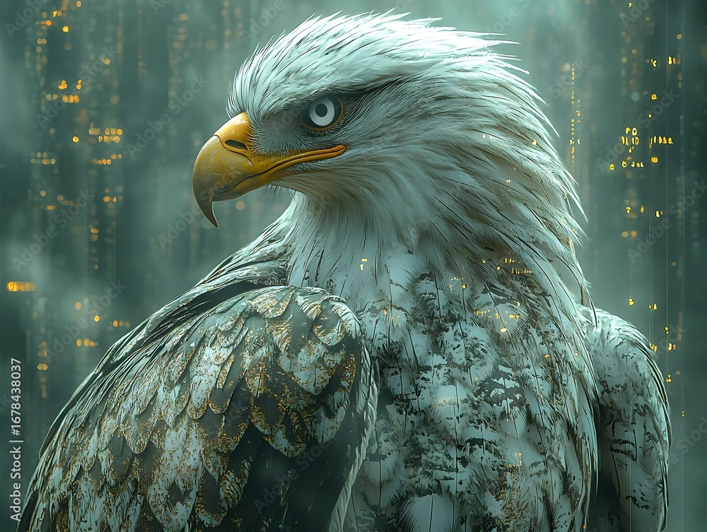 Poster majestic eagle with a piercing gaze set against an abstract backdrop of glowing digital data symboli