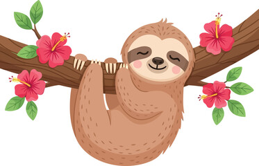 Cute sloth hanging on tree branch with tropical flowers adorable animal illustration vector © azad