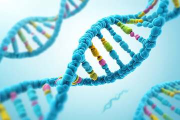 Detailed 3D Illustration of DNA Strands with Colorful Nucleobases Emphasizing the Complexity and Beauty of Genetic Information in Biological Systems