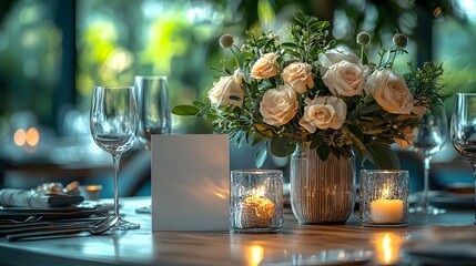 Elegant table setting with a beautiful floral centerpiece glowing candles and crystal glasses perfect for a romantic celeb n or special event