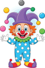 Funny cartoon clown juggling colorful balls, happy circus performer, playful character in costume, joyful entertainer, vector art for children.