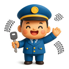 3D claymation illustration of a friendly driver mascot holding a key. Concept of transportation service, safety, and customer care.