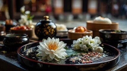 Floral offering on a wooden table
