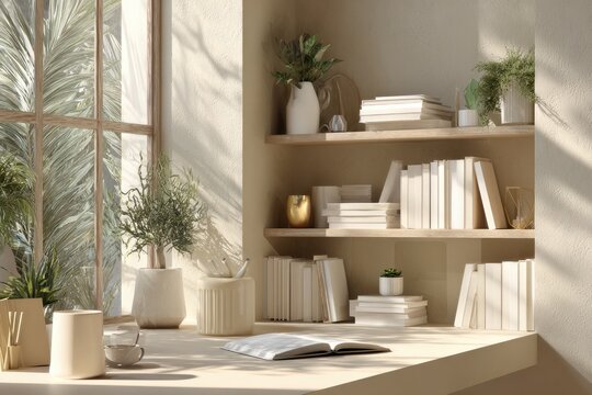 Sunlight streams into a cozy window seat study