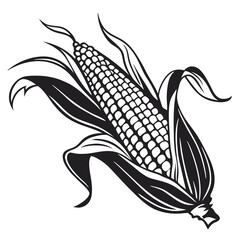 Detailed black and white illustration of a ripe corn cob silhouette