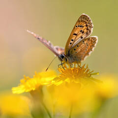 Obraz premium Copper Butterfly Resting on a Cluster of Yellow Dandelions in a Meadow Bathed in Soft Sunlight Creating a Warm and Inviting Scene