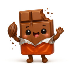 3D illustration of a cute kawaii chocolate bar mascot character holding a cacao bean. Concept of sweet food, candy delight, happy emotions and playful branding.