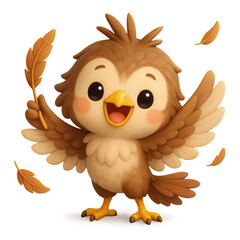 3D illustration of a cute kawaii harpy mascot character holding a feather. Concept of creativity, storytelling, fantasy, happiness and playful branding.