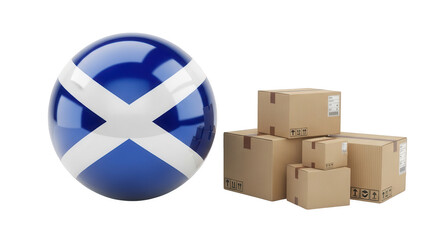 Scotland export import trade with cardboard boxes and flag isolated on transparent background