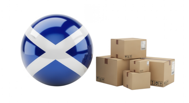 Scotland export import trade with cardboard boxes and flag isolated on transparent background