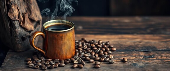 Steaming coffee in rustic mug on aged wood, coffee beans scattered nearby,  aroma,  detail