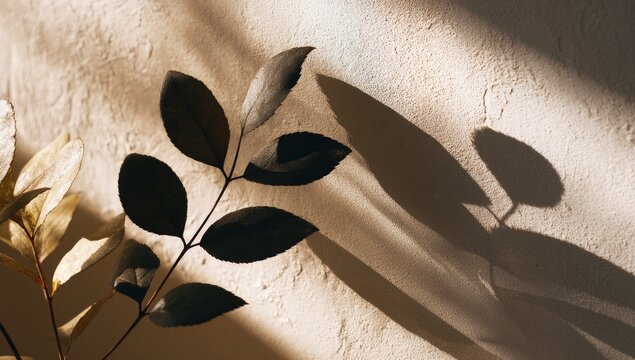 Sunlight casts shadows of dark leaves on a textured wall