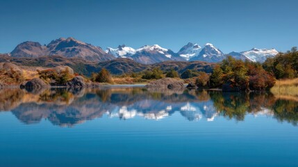 A serene mountain lake reflects snow-capped peaks under a clear blue sky,