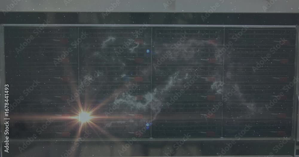 Poster animation of network of connections over data processing on screens