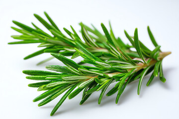 Fototapeta premium Fresh green rosemary sprigs with needle-like leaves isolated on a white background, showcasing vibrant color and natural texture