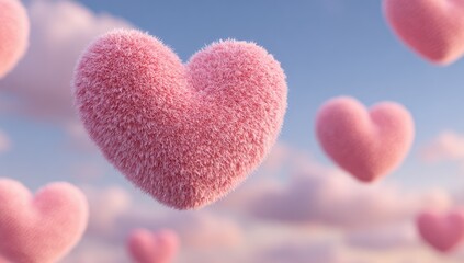 Obraz premium Pink fluffy hearts float in a soft sky