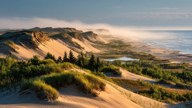 Sandy dunes meet a tranquil lake at dawn.  Sunrise hues paint the coastal landscape.  Misty air gently floats above the shoreline