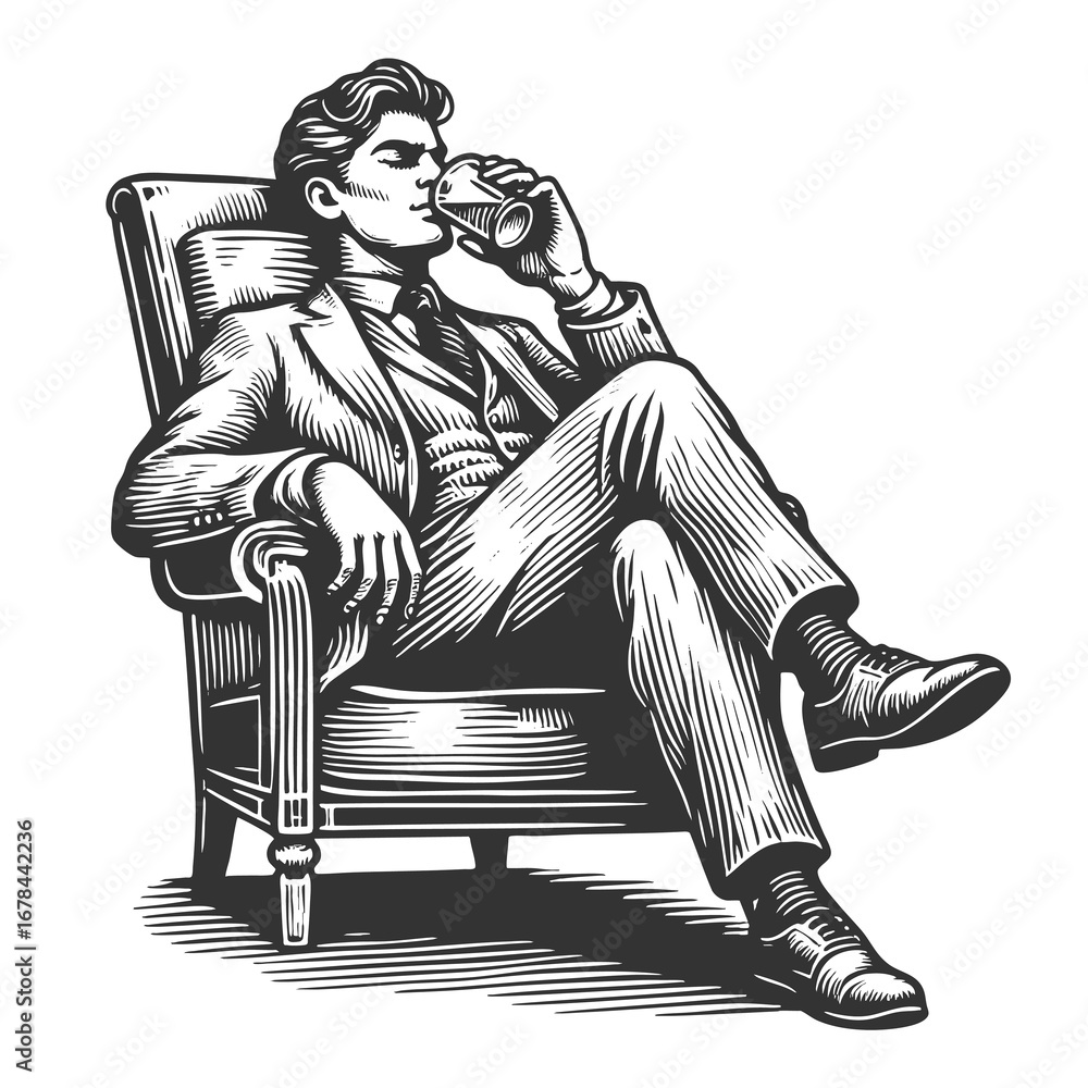 Poster man in a suit sitting comfortably in an armchair while drinking from a glass sketch engraving genera