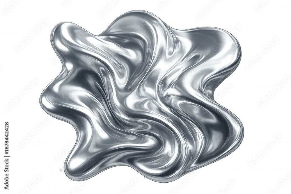 Poster silver liquid metal splashing and swirling, creating an abstract and dynamic shape on a transparent 