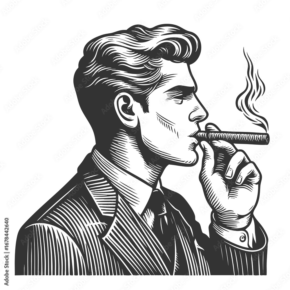 Poster man in a suit smoking a cigar, symbolizing confidence and power sketch engraving generative ai ficti