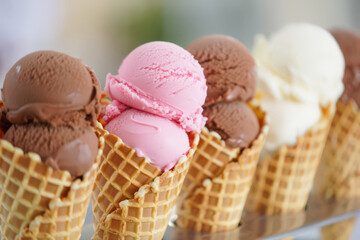 Frozen Dessert Delights Creamy Ice Cream Cones Sweet Treat Indulgence Summer Refreshment Cold Dessert Variety Gourmet Ice Cream Flavors Dessert Display