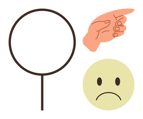 Hand gesture pointing at a blank circular sign and sad face expressing disapproval, focus, or awareness. Ideal for criticism, focus, attention, dissatisfaction, awareness, emotions communication
