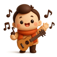 Cute 3D claymation illustration of a happy boy playing ukulele. Concept of music education, childhood hobby, and creativity.