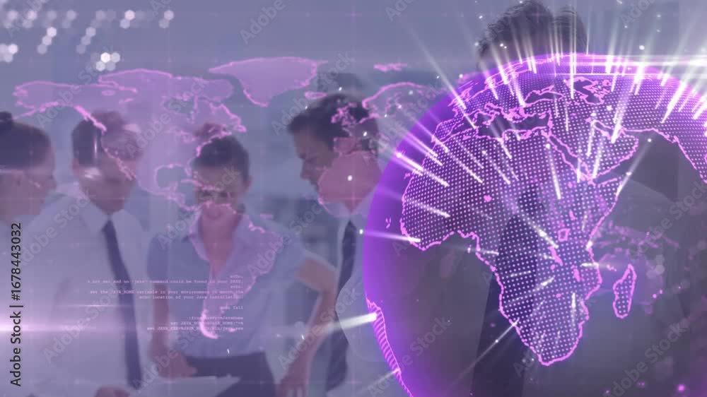 Aufkleber animation of globe of networks of connections with numbers and data processing over world map