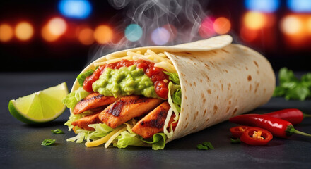 Steaming Hot Chicken Burrito with Guacamole, Melted Cheese, and Fresh Salsa