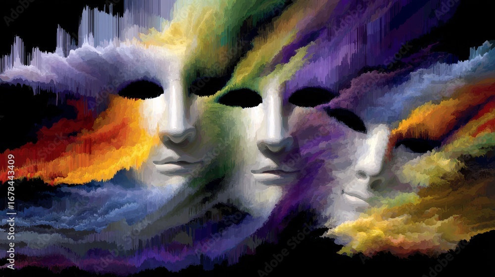 Poster abstract composition of three faceless masks enveloped in vibrant swirling colors creating a dreamli