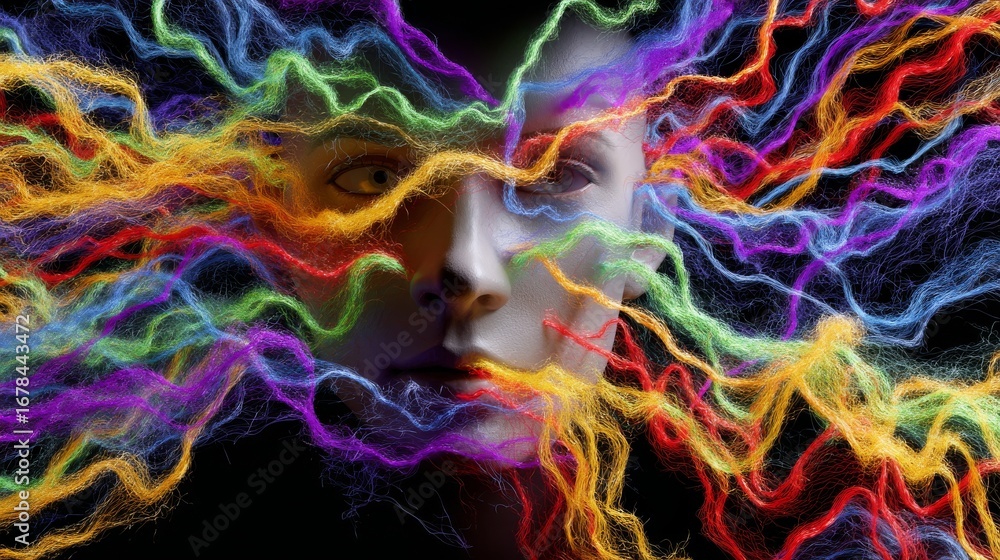 Aufkleber abstract portrait of a face surrounded by colorful flowing wires creating a vibrant atmosphere