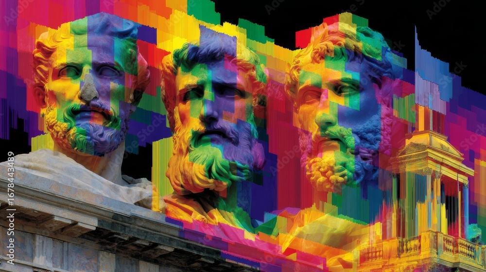 Aufkleber digital art of ancient statues overlaid with vibrant color spectrum in abstract interpretation