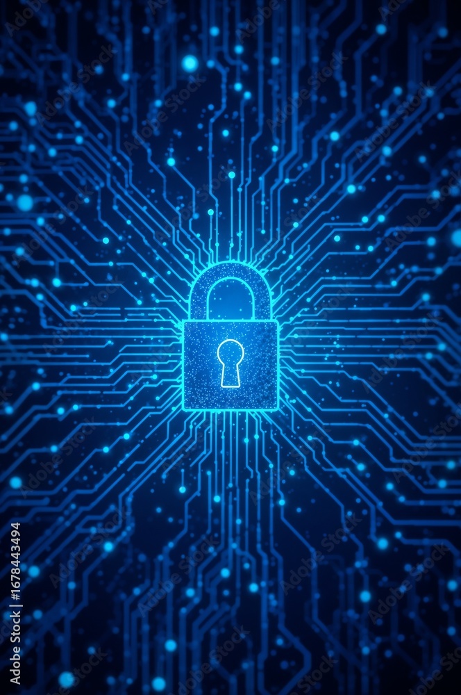 Poster a glowing blue padlock over a circuit board pattern security concept image