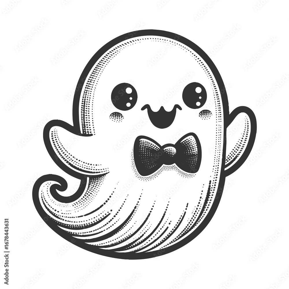 Poster smiling cartoon cute ghost floating with sparkles, symbolizing a playful and friendly halloween them