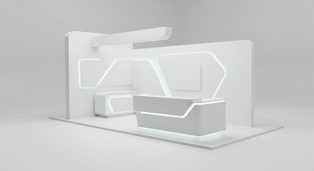 Modern exhibition stand design for product presentation and trade shows, clean white booth for marketing events