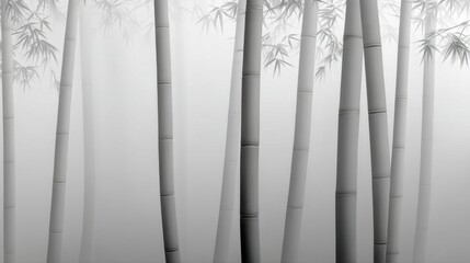 A misty bamboo forest in black and white, tall stalks rising vertically with hazy outlines, dreamlike atmosphere,