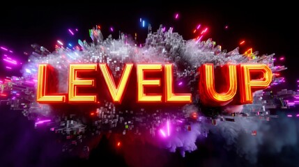 Vibrant Neon Text 'LEVEL UP' with Colorful Particles and Sparks in Dark Background