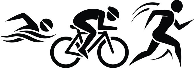 Triathlon athlete silhouettes swimming cycling running sports competition iconography vector