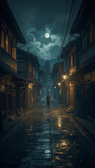 Fototapeta premium A solitary figure walks down a wet, narrow street in a historic town under the dramatic light of a full moon.