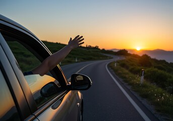 A person's arm waving out a car window on a scenic road trip during a beautiful sunset