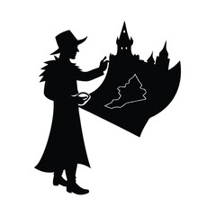 Silhouette vector silhouette of a man with a map and castle