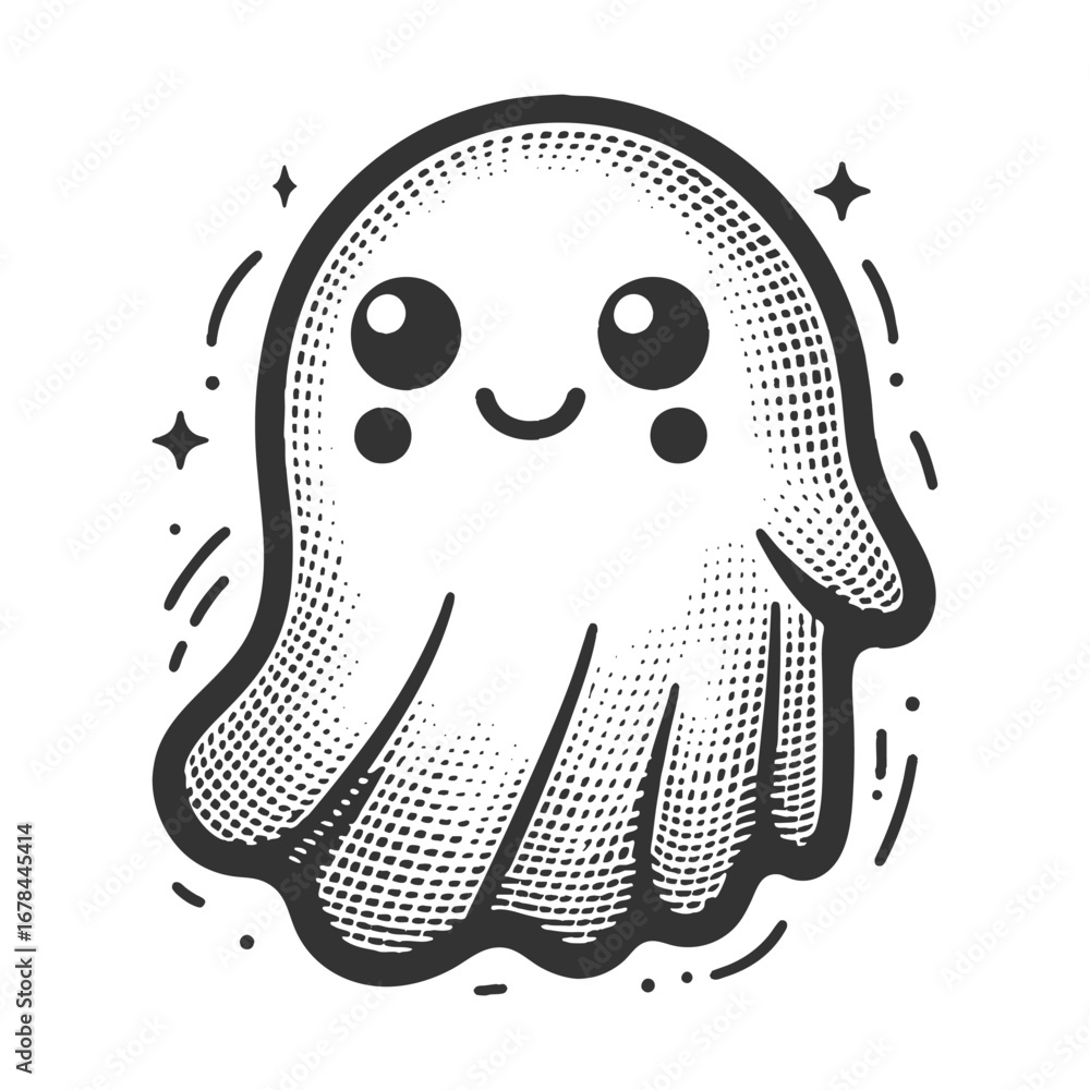 Poster smiling cartoon cute ghost floating with sparkles, symbolizing a playful and friendly halloween them