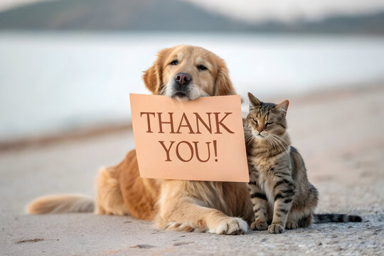 Golden retriever and cat holding a thank you sign outdoor on transparent background