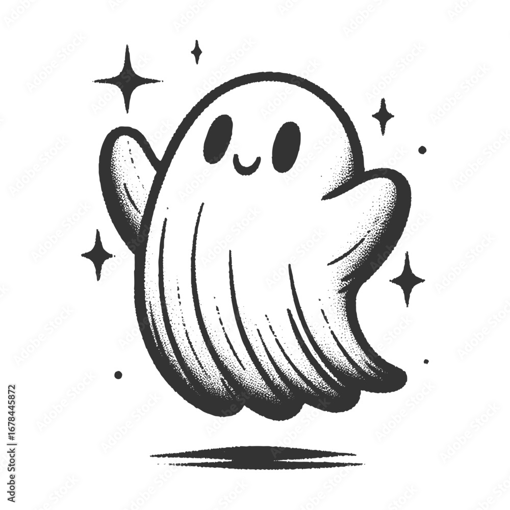 Poster smiling cartoon cute ghost floating with sparkles, symbolizing a playful and friendly halloween them